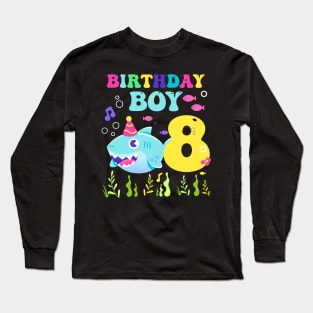 8th Birthday Boy Shark Funny B-day Gift For Kids Long Sleeve T-Shirt